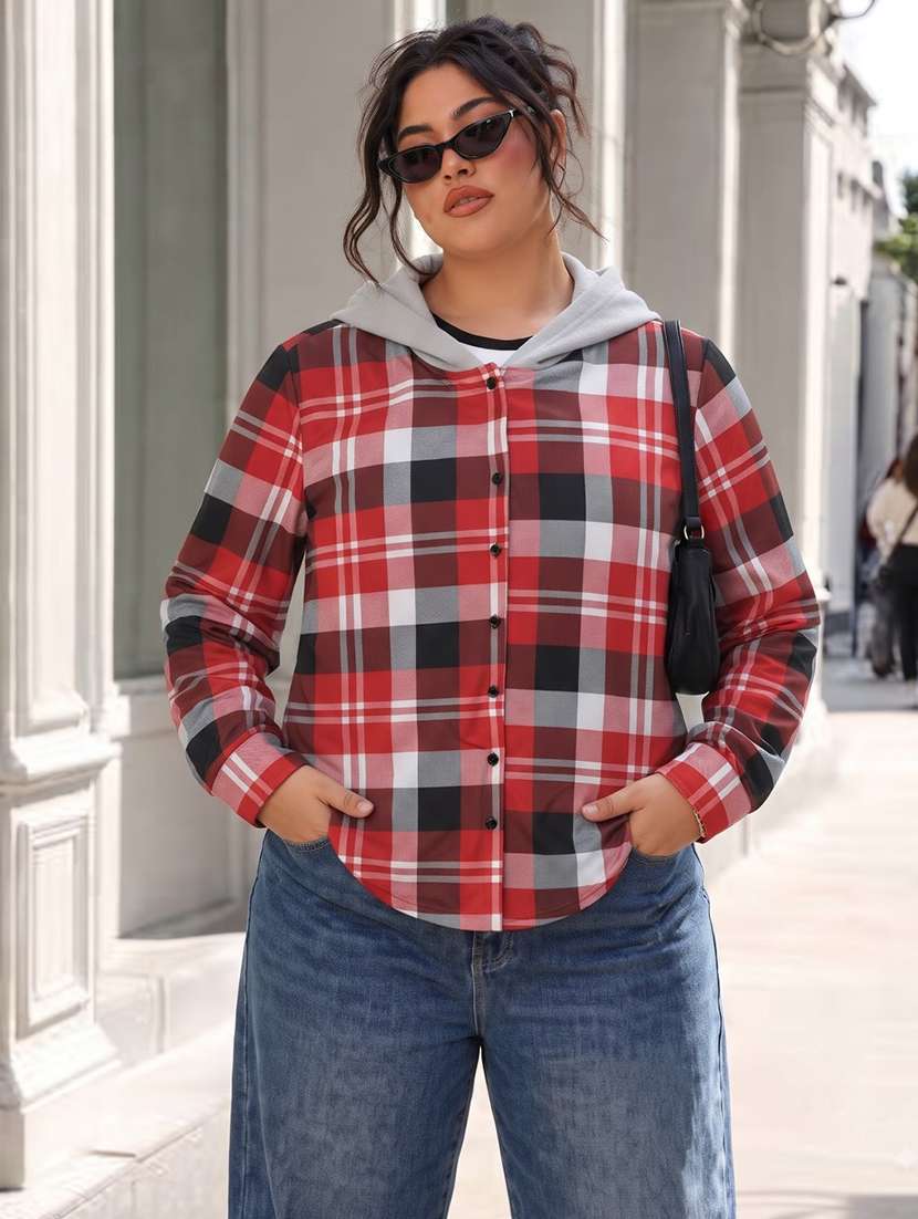 Women Checkered Long Sleeves Hooded Shacket - 22743685 -  Standard Image - 1