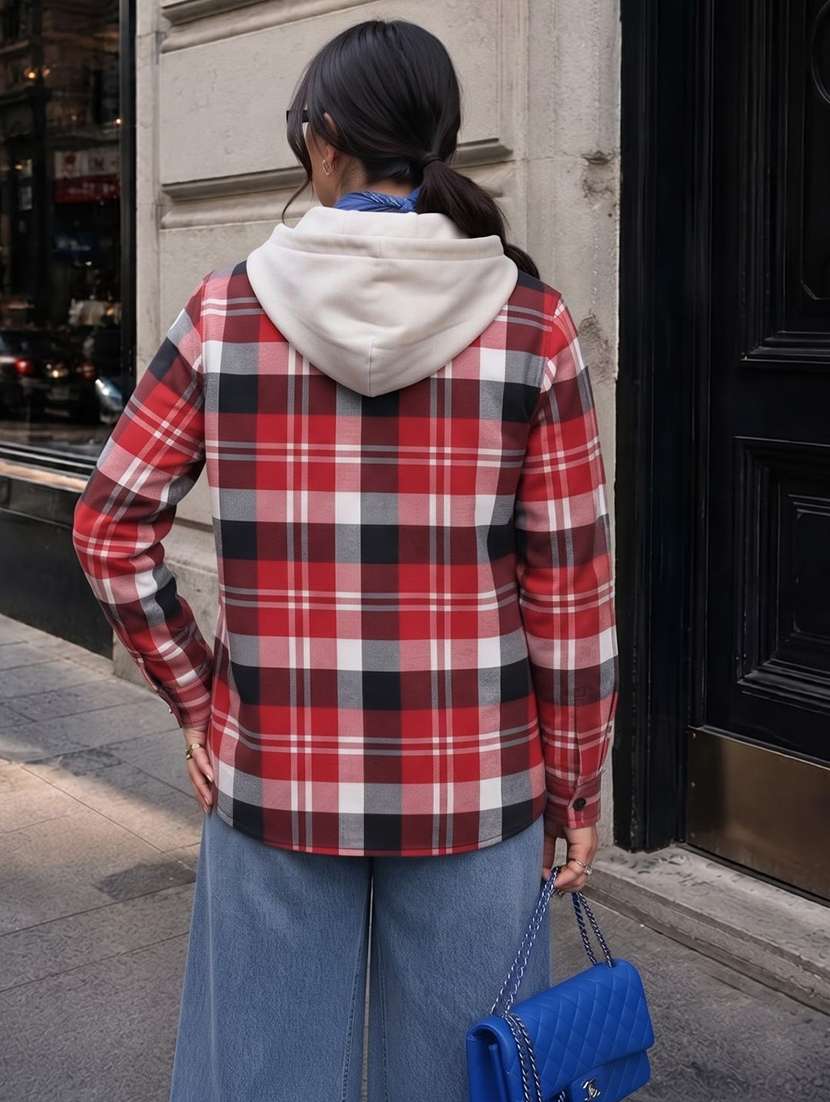 Women Checkered Long Sleeves Hooded Shacket - 22743686 -  Standard Image - 1