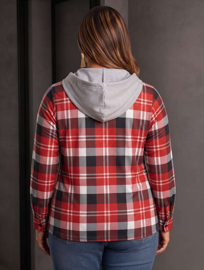 Women Checkered Long Sleeves Hooded Shacket - 22743687 -  Standard Image - 1