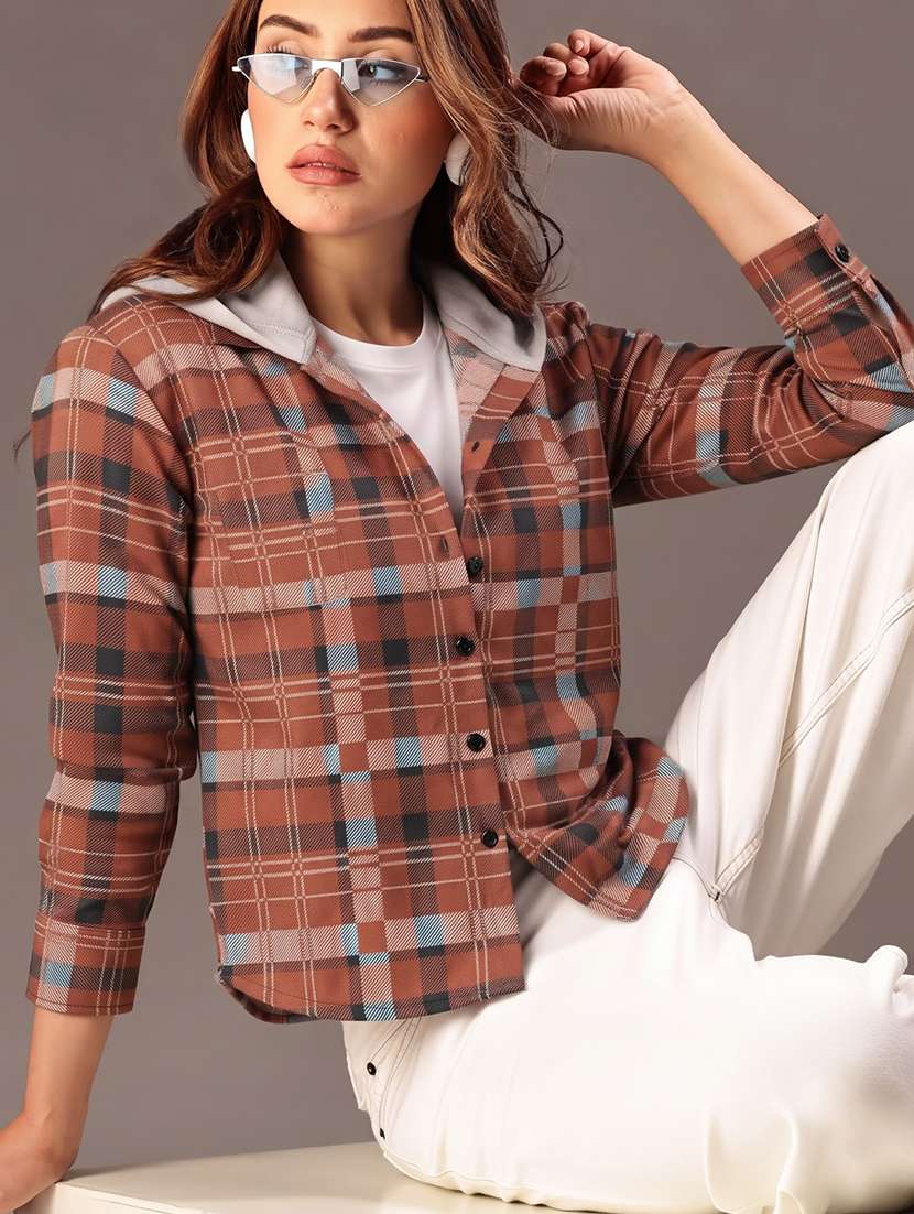 Women Checkered Long Sleeves Hooded Shacket - 22743978 -  Standard Image - 1
