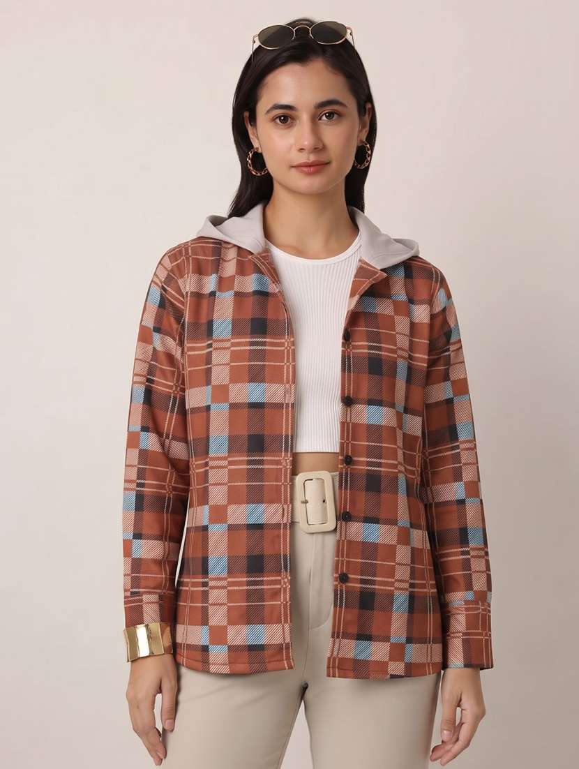 Women Checkered Long Sleeves Hooded Shacket - 22743979 -  Standard Image - 1