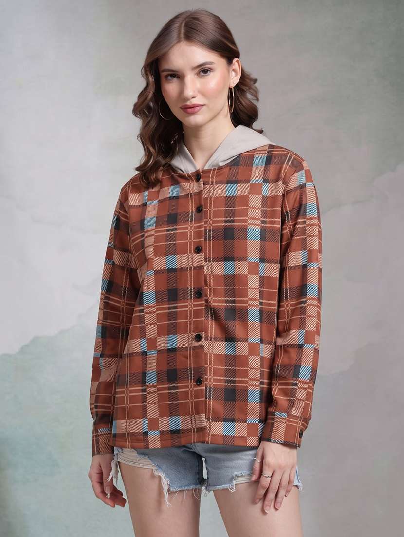 Women Checkered Long Sleeves Hooded Shacket - 22743980 -  Standard Image - 1