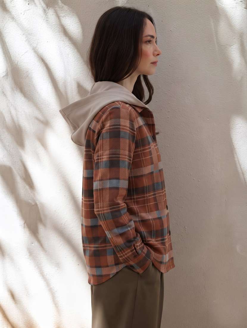 Women Checkered Long Sleeves Hooded Shacket - 22743981 -  Standard Image - 1