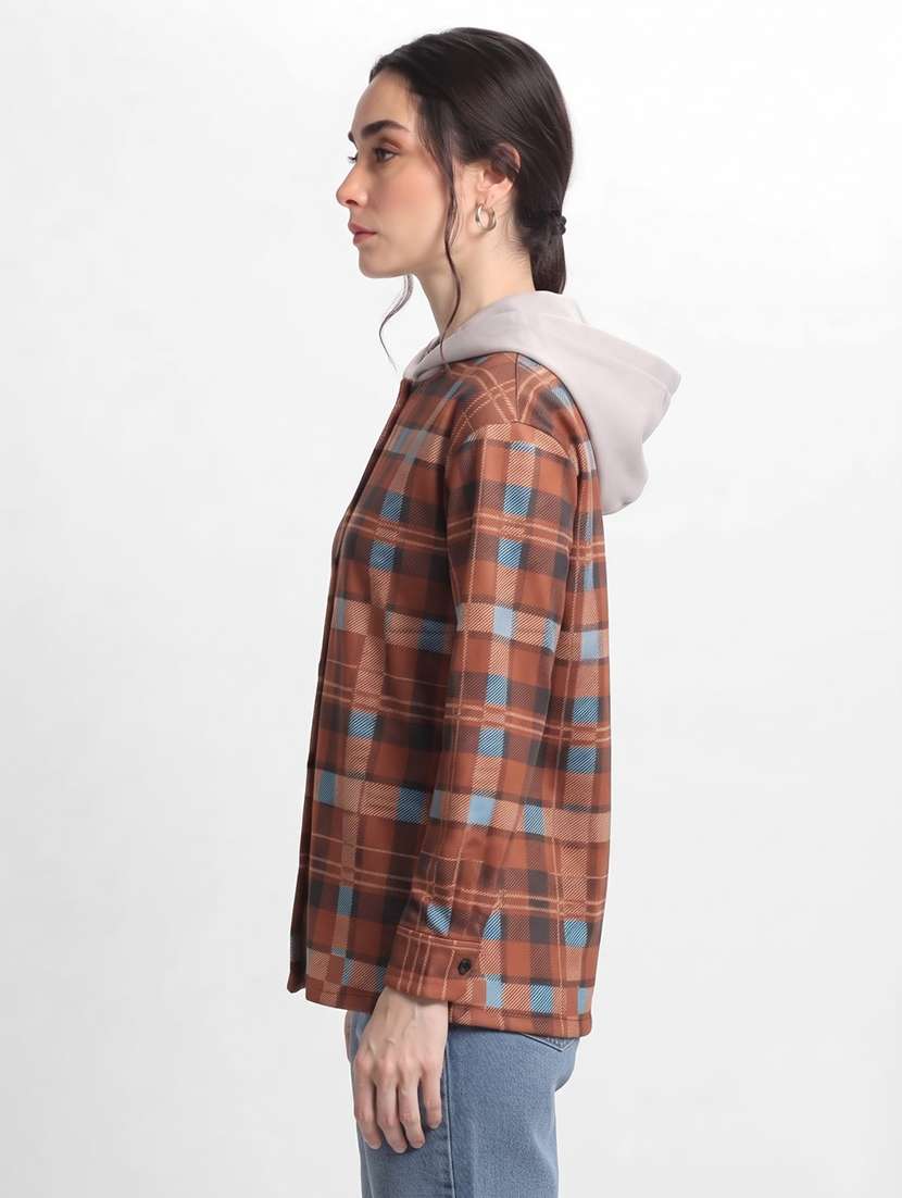 Women Checkered Long Sleeves Hooded Shacket - 22743982 -  Standard Image - 1