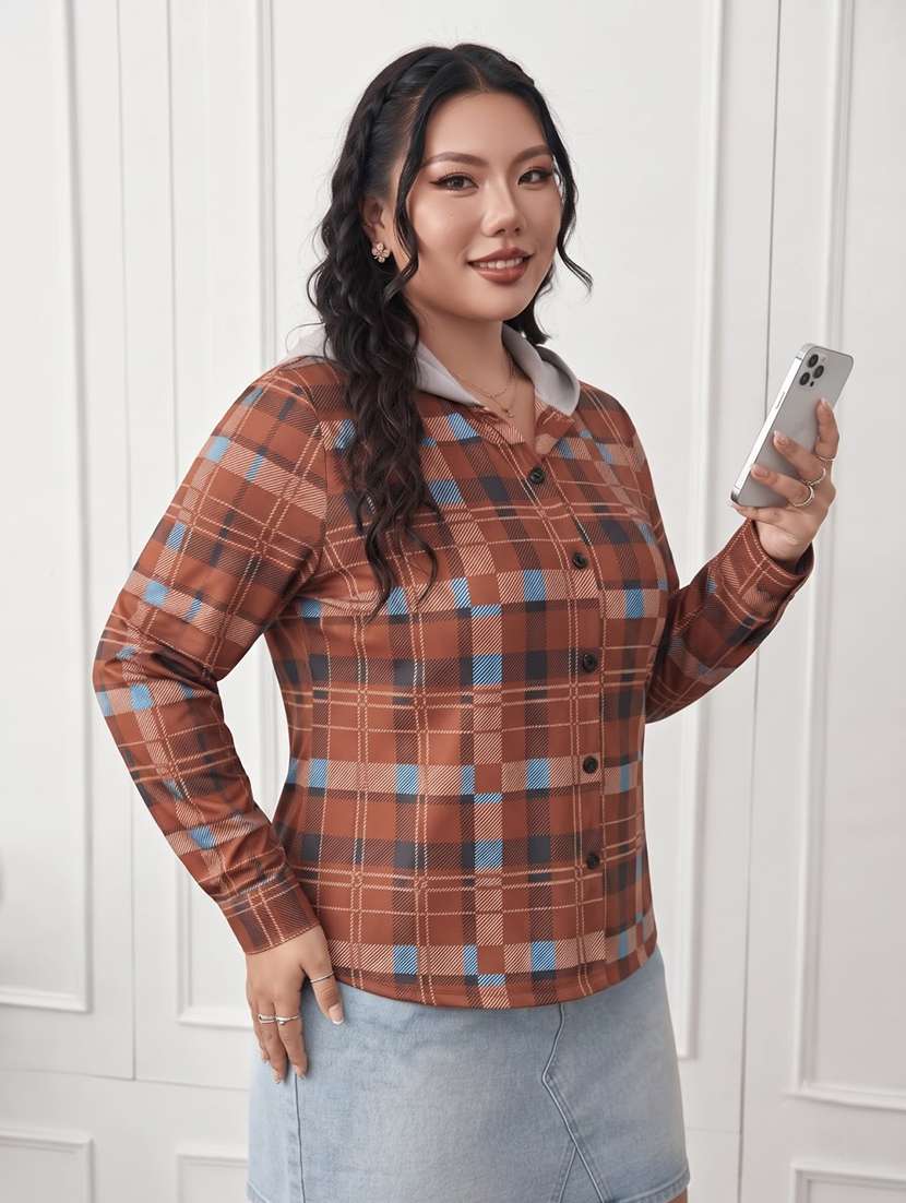Women Checkered Long Sleeves Hooded Shacket - 22743983 -  Standard Image - 1