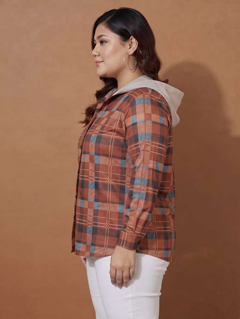 Women Checkered Long Sleeves Hooded Shacket - 22743984 -  Standard Image - 1