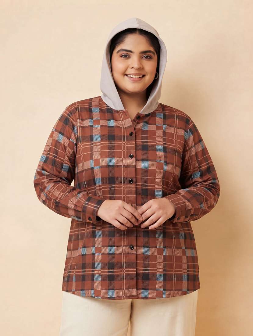 Women Checkered Long Sleeves Hooded Shacket - 22743985 -  Standard Image - 1