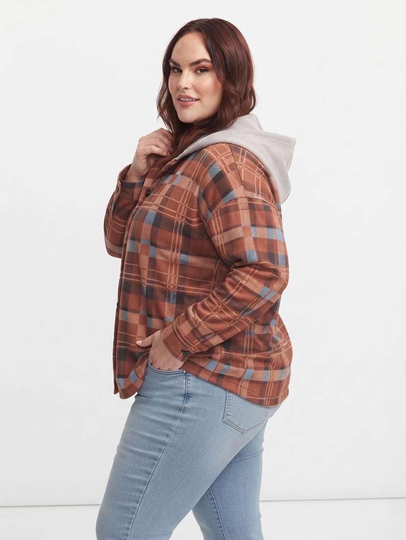 Women Checkered Long Sleeves Hooded Shacket - 22743986 -  Standard Image - 1