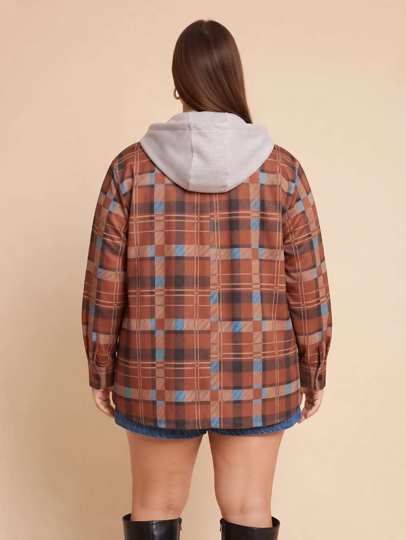 Women Checkered Long Sleeves Hooded Shacket - 22743987 -  Standard Image - 1