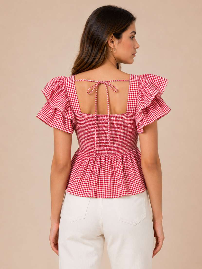 Women Checkered Ruffle Sleeves Peplum Top - 22744349 -  Standard Image - 1