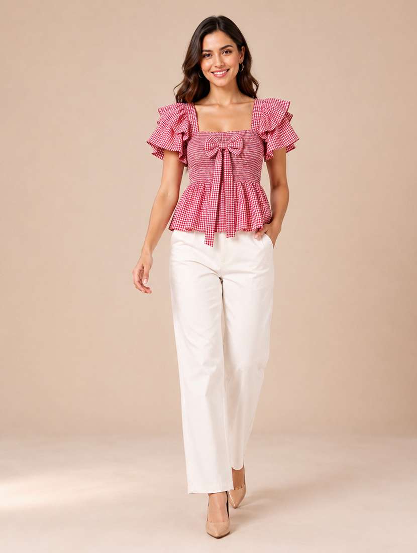 Women Checkered Ruffle Sleeves Peplum Top - 22744349 -  Standard Image - 4
