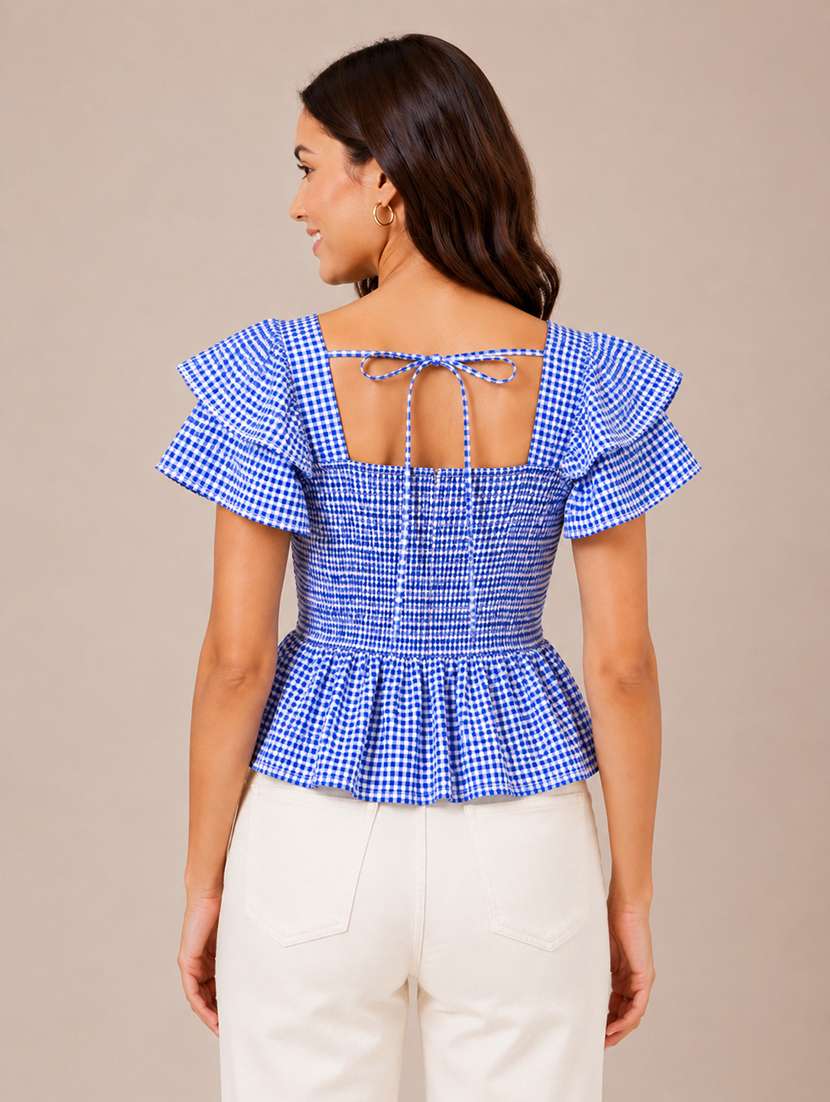 Women Checkered Ruffle Sleeves Peplum Top - 22744350 -  Standard Image - 1