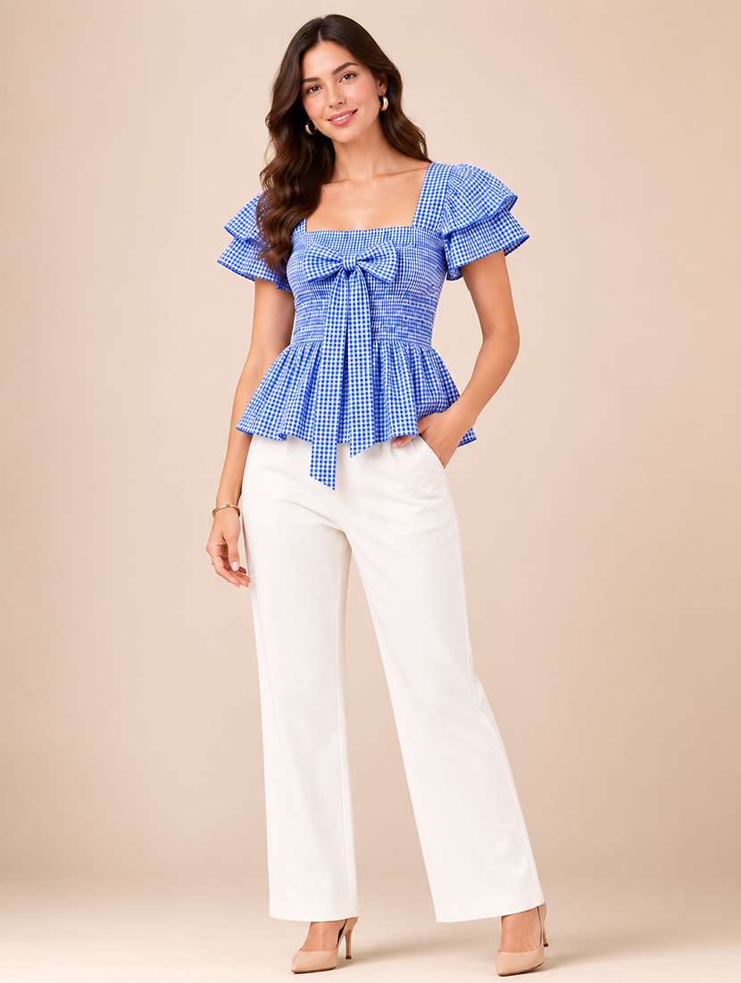 Women Checkered Ruffle Sleeves Peplum Top - 22744350 -  Standard Image - 4
