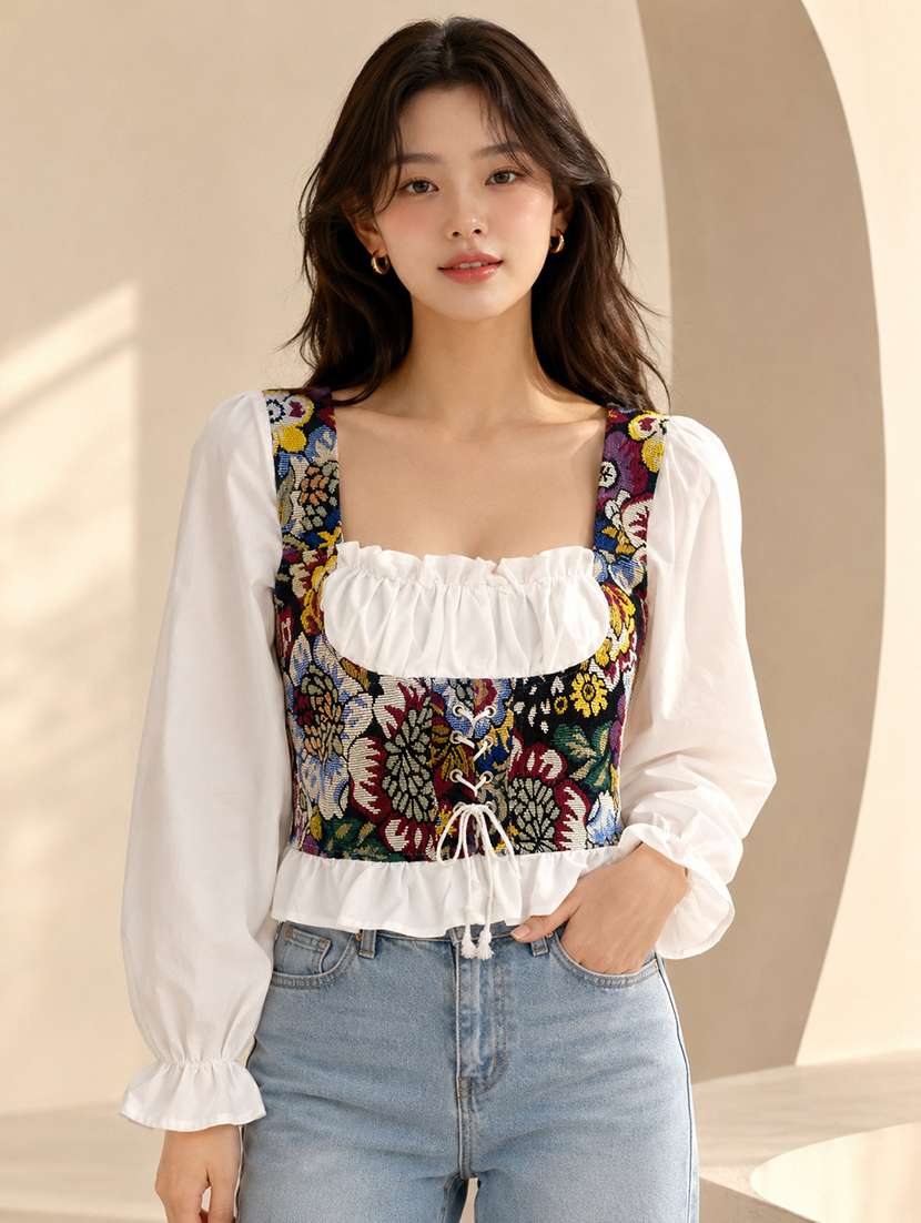Women Self Design Pattern Puff Sleeve Corset Top - 22744362 -  Standard Image - 1