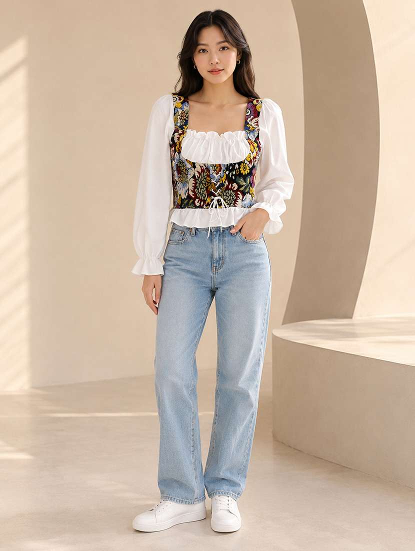Women Self Design Pattern Puff Sleeve Corset Top - 22744362 -  Standard Image - 4