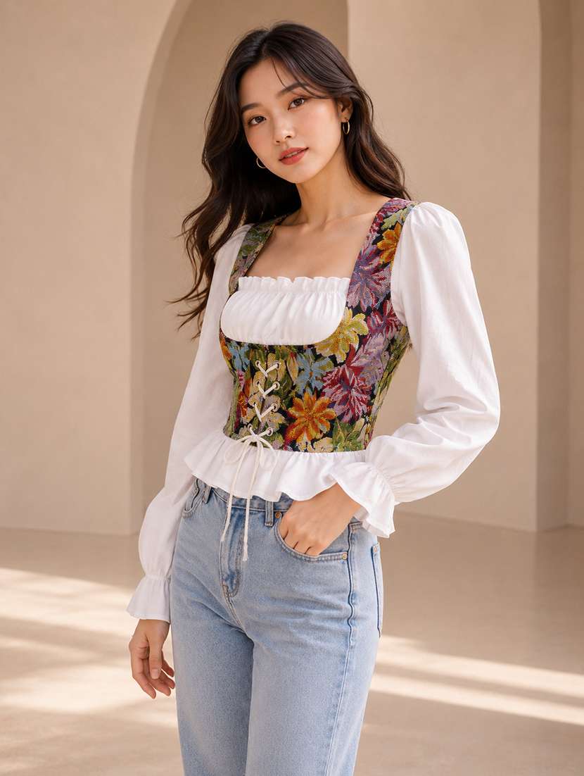 Women Self Design Pattern Puff Sleeve Corset Top - 22744363 -  Standard Image - 1