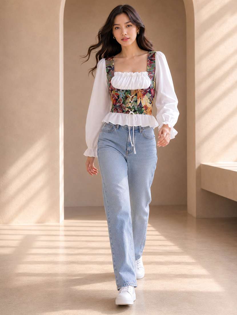 Women Self Design Pattern Puff Sleeve Corset Top - 22744363 -  Standard Image - 4
