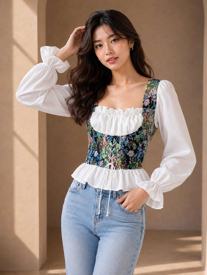 Women Self Design Pattern Puff Sleeve Corset Top - 22744366 -  Standard Image - 1
