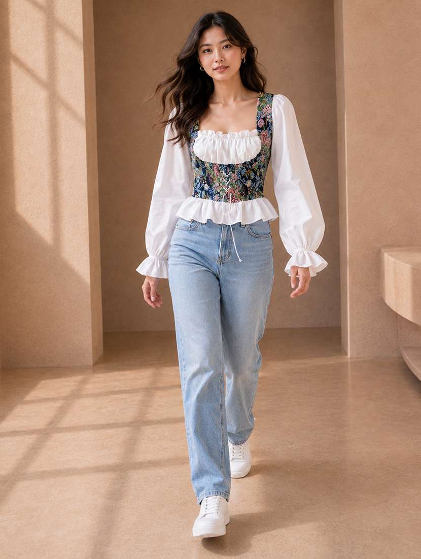 Women Self Design Pattern Puff Sleeve Corset Top - 22744366 -  Standard Image - 4