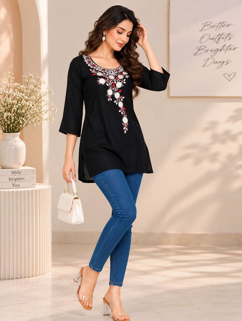Women Embroidered Three Quarter Sleeves Straight Kurti - 22744427 -  Standard Image - 4