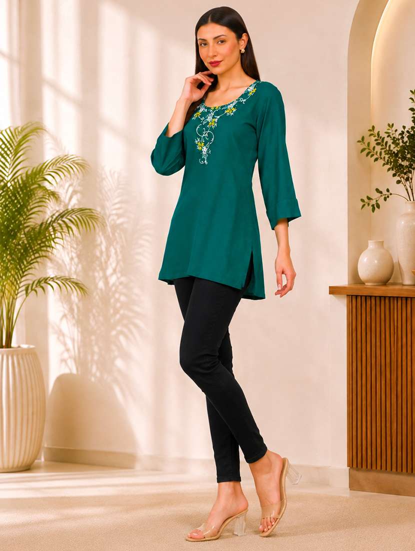 Women Embroidered Three Quarter Sleeves Straight Kurti - 22744428 -  Standard Image - 4