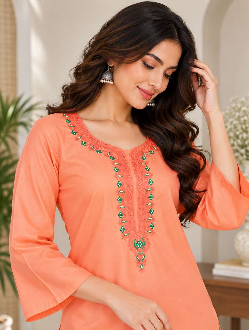 Women Embroidered Three Quarter Sleeves Straight Kurti - 22744430 -  Standard Image - 1
