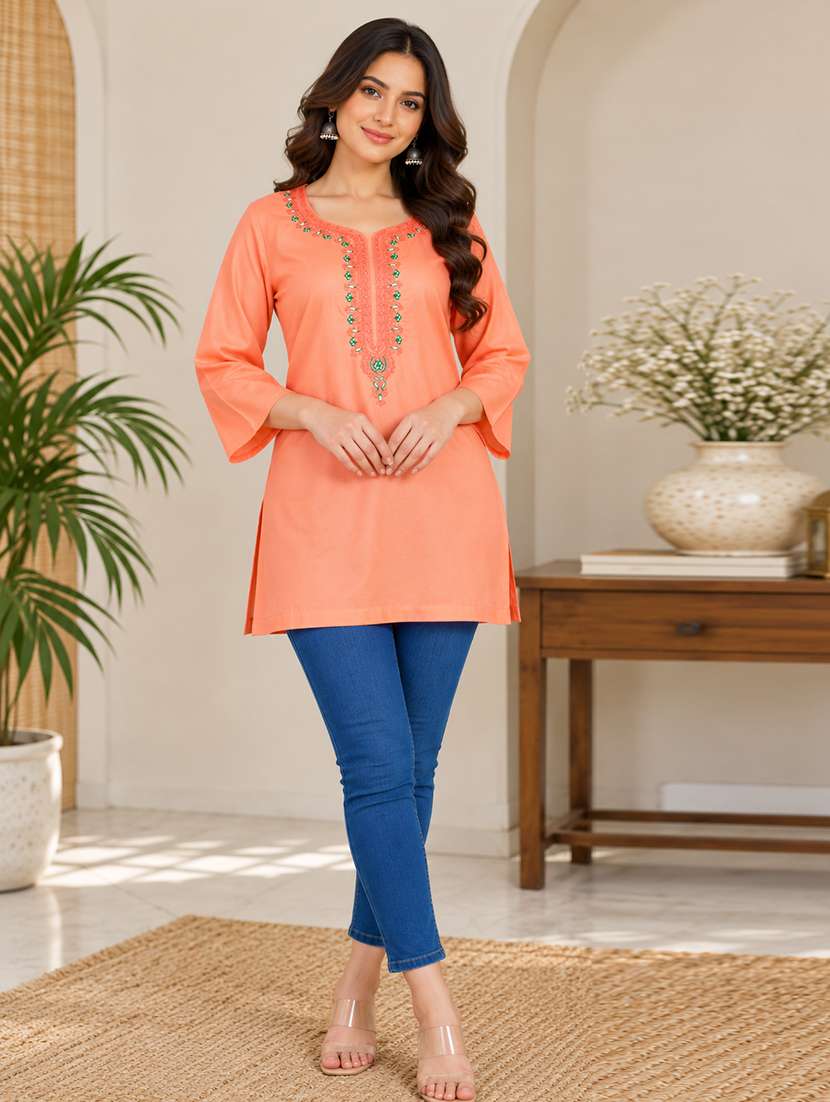 Women Embroidered Three Quarter Sleeves Straight Kurti - 22744430 -  Standard Image - 4