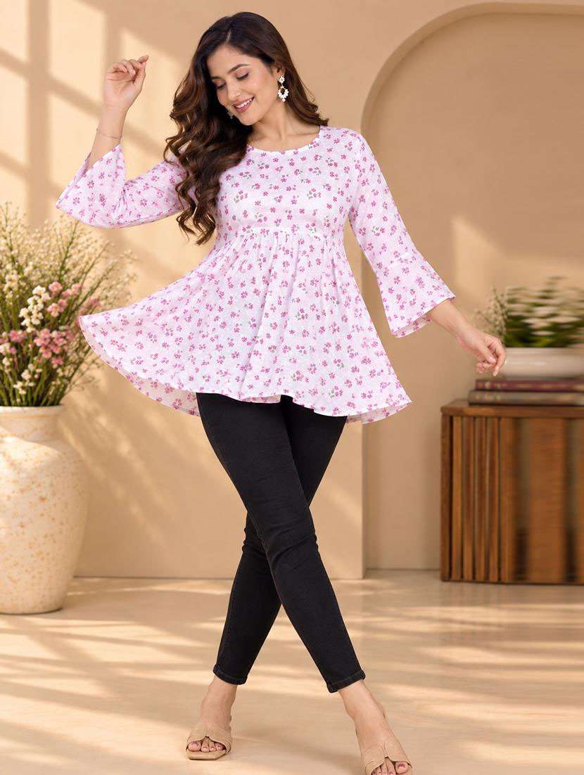 Women Printed Three Quarter Sleeves Flared Kurti - 22744431 -  Standard Image - 4