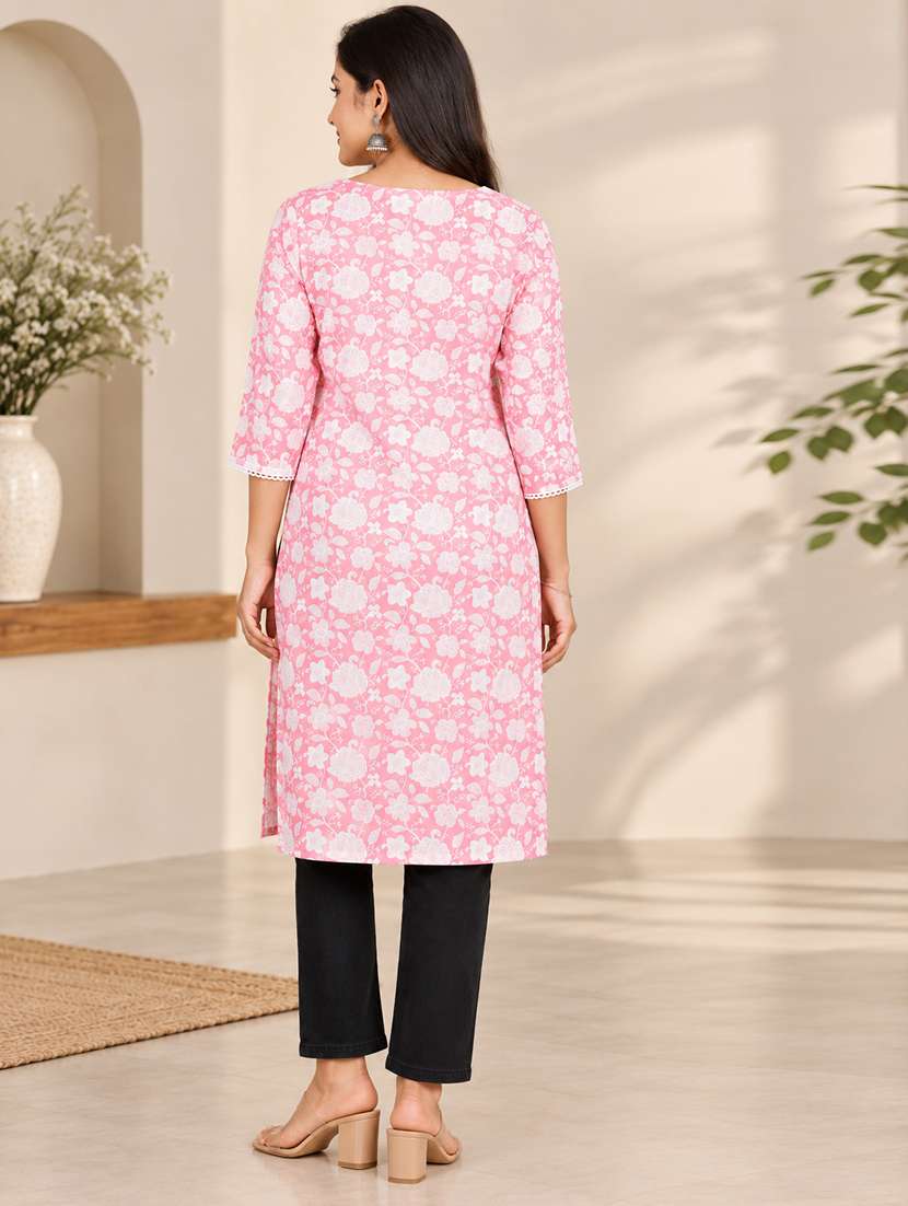 Women Printed Three Quarter Sleeves Straight Kurti - 22744434 -  Standard Image - 4