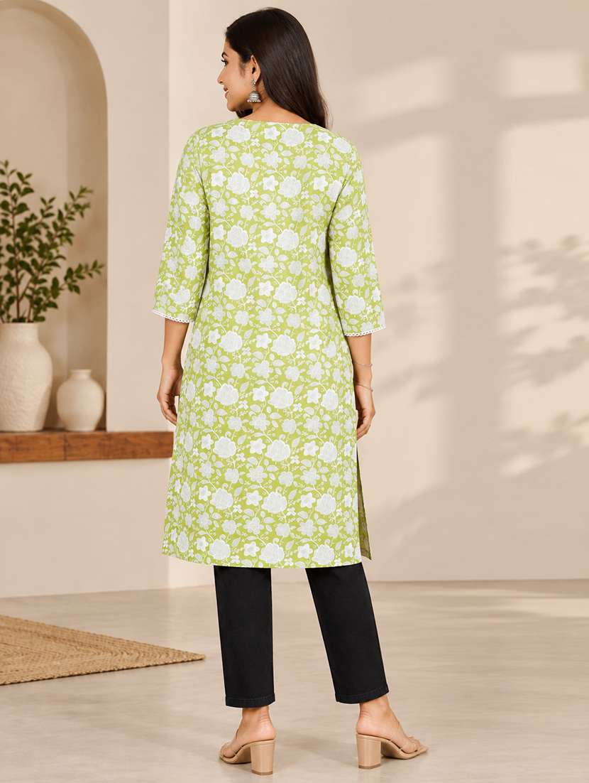 Women Printed Three Quarter Sleeves Straight Kurta - 22744435 -  Standard Image - 4