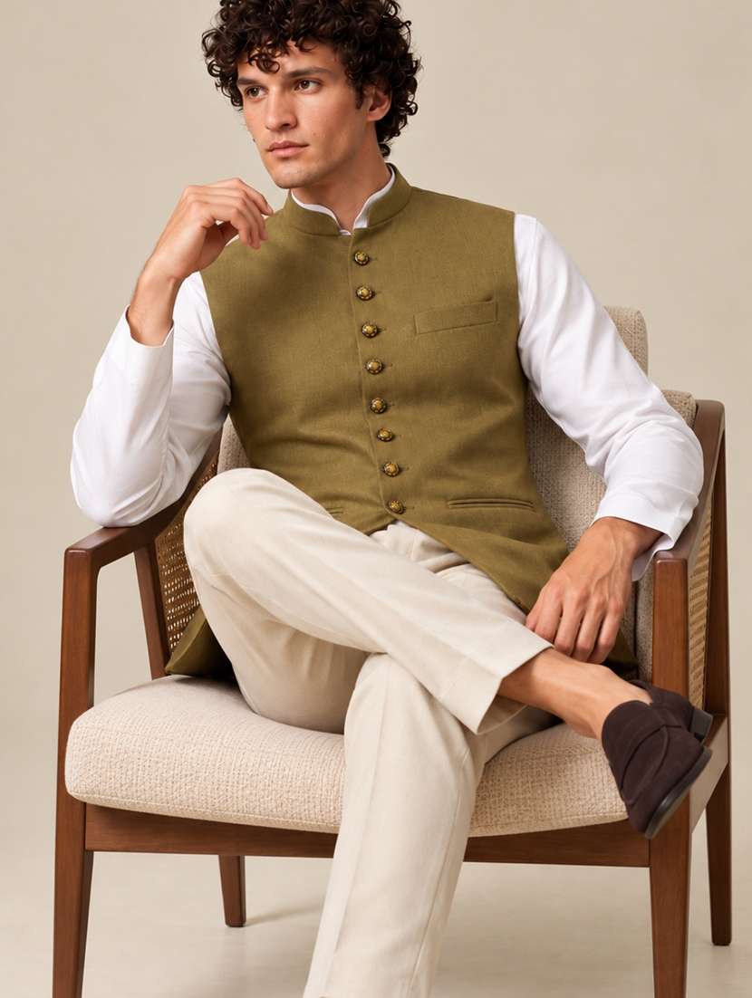 Men Solid Sleeveless Nehru Jacket - 22745498 -  Standard Image - 4