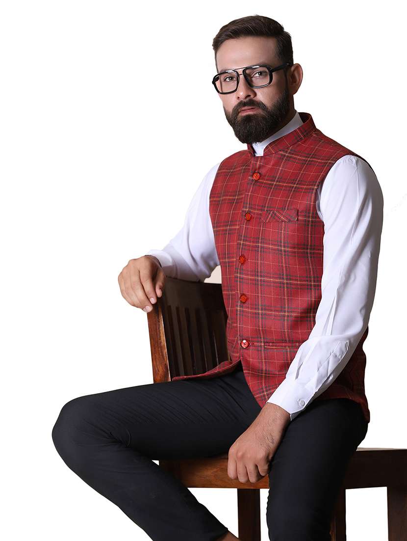 Men Checkered Sleeveless Regular Fit Nehru Jacket - 22745529 -  Standard Image - 4