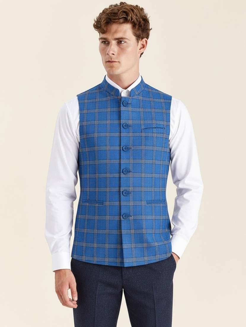 Men Checkered Sleeveless Nehru Jacket - 22745578 -  Standard Image - 1