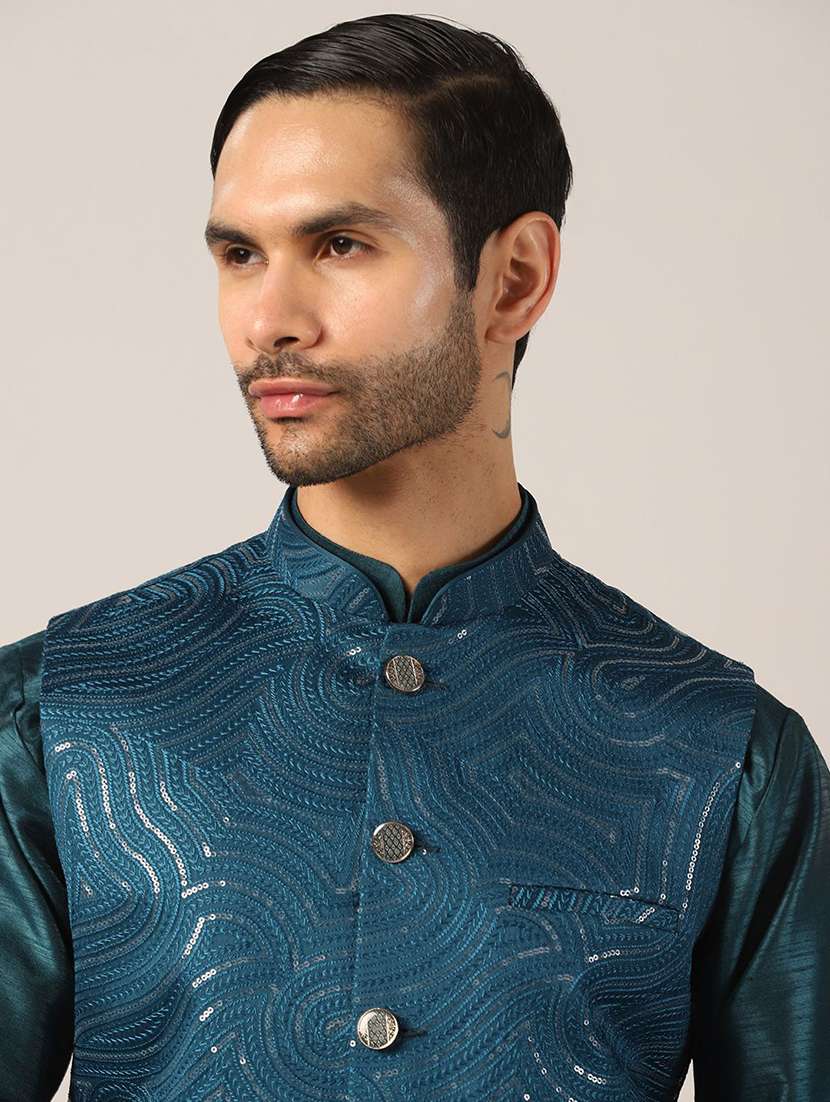 Men Solid With Work Mandarin Neck Regular Fit Nehru Jacket - 22745587 -  Standard Image - 1
