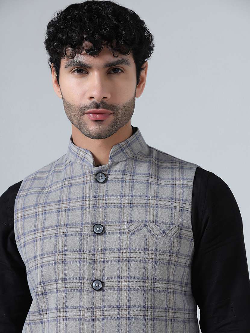 Men Checkered Mandarin Neck Regular Fit Nehru Jacket - 22745589 -  Standard Image - 1