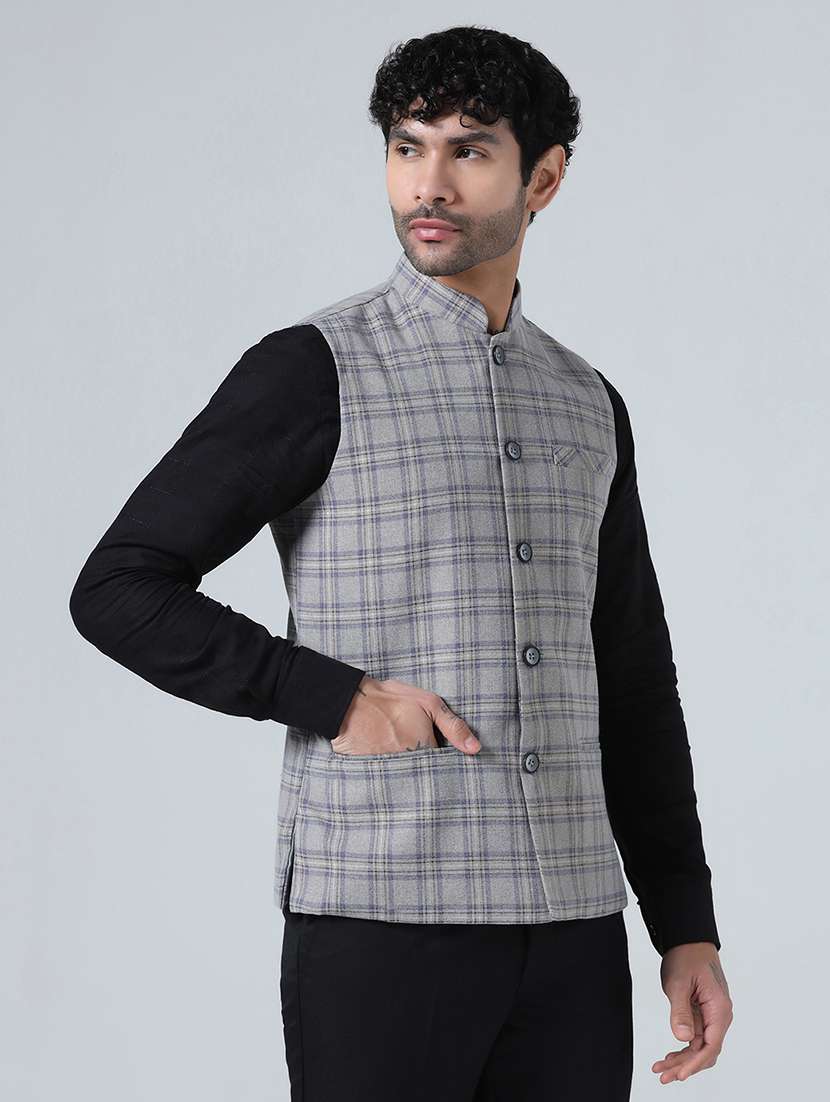 Men Checkered Mandarin Neck Regular Fit Nehru Jacket - 22745589 -  Standard Image - 4