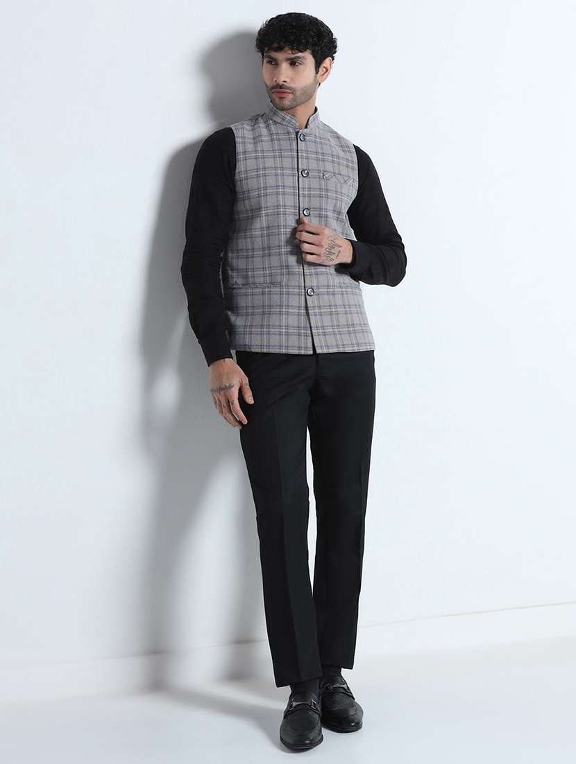 Men Checkered Mandarin Neck Regular Fit Nehru Jacket - 22745589 -  Standard Image - 6