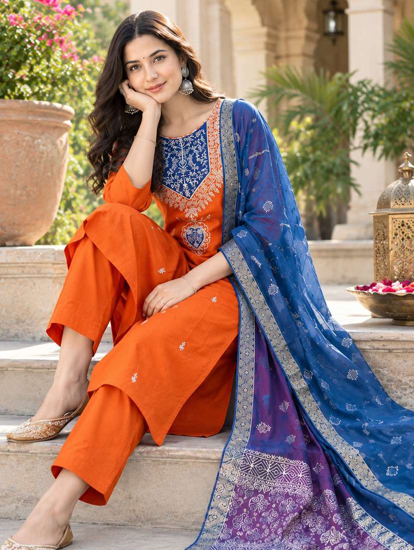 Women Embroidered Three Quarter Sleeves Kurta Pant With Dupatta Set - 22746715 -  Standard Image - 1