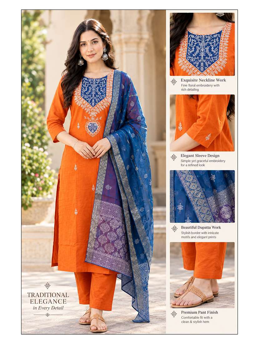 Women Embroidered Three Quarter Sleeves Kurta Pant With Dupatta Set - 22746715 -  Standard Image - 4