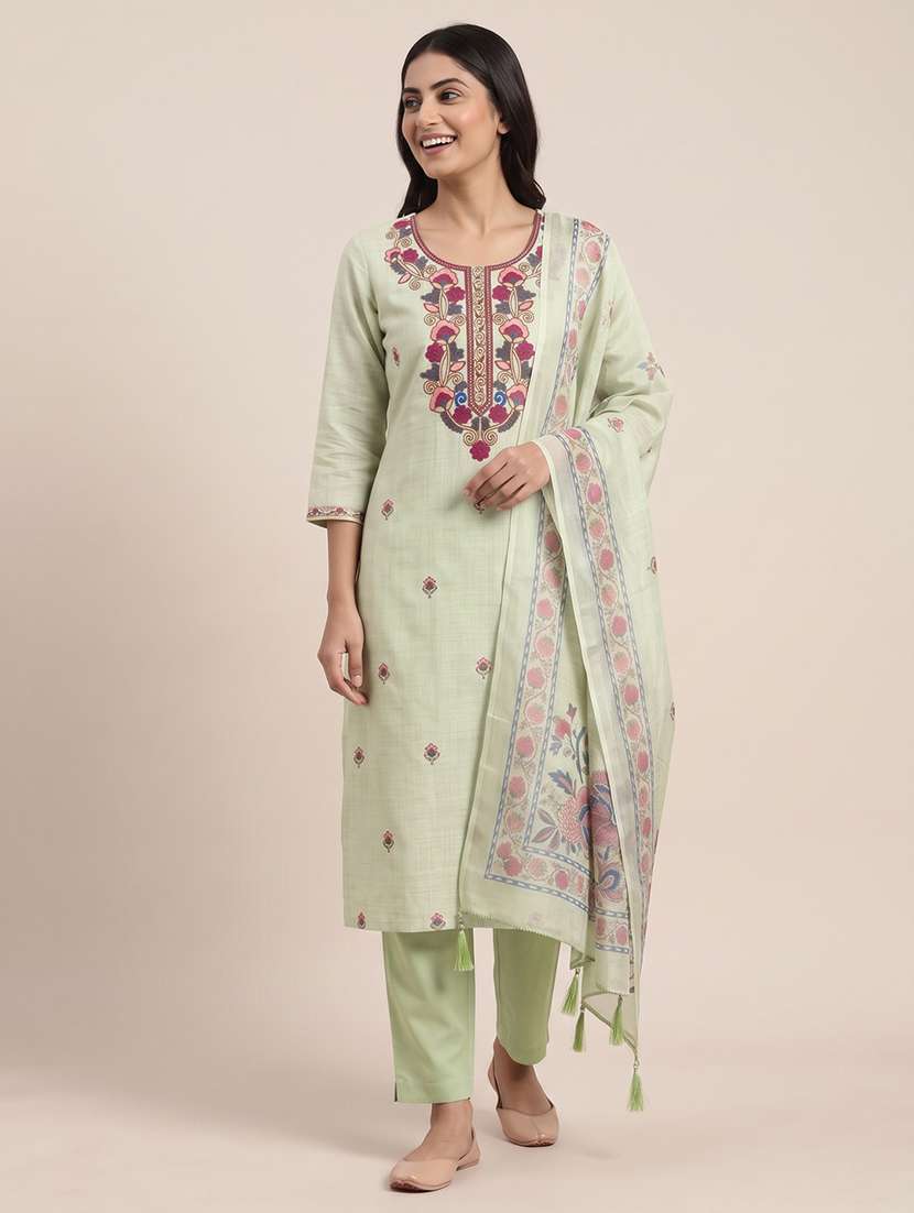 Women Solid With Work Unstitched Suit Set - 22748194 -  Standard Image - 1