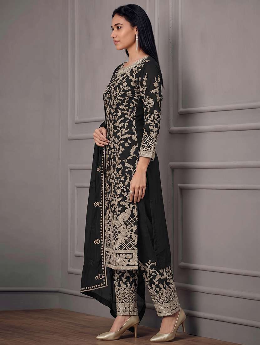 Women Solid With Work Unstitched Suit Set - 22748291 -  Standard Image - 4