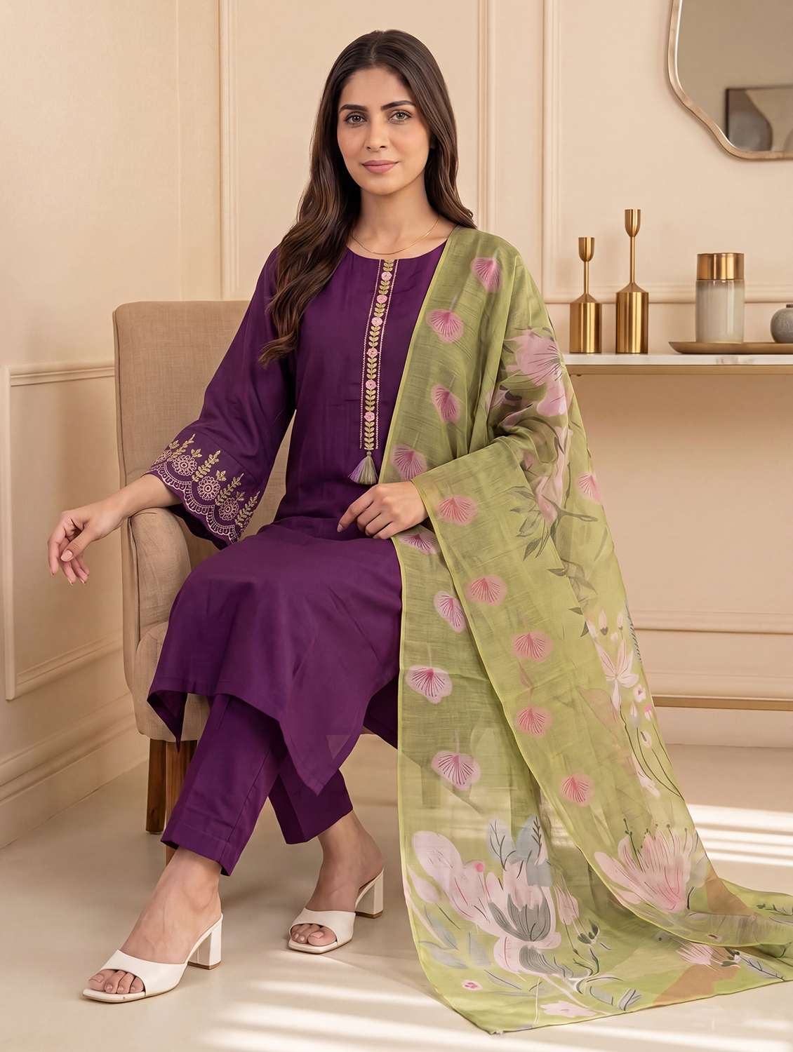 Women Embroidered Three Quarter Sleeve Kurta Pant With Dupatta Set - 22755709 -  Standard Image - 4