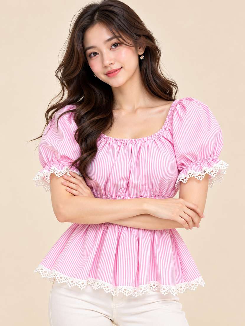 Women Striped Puff Sleeves Peplum Top - 22755712 -  Standard Image - 1