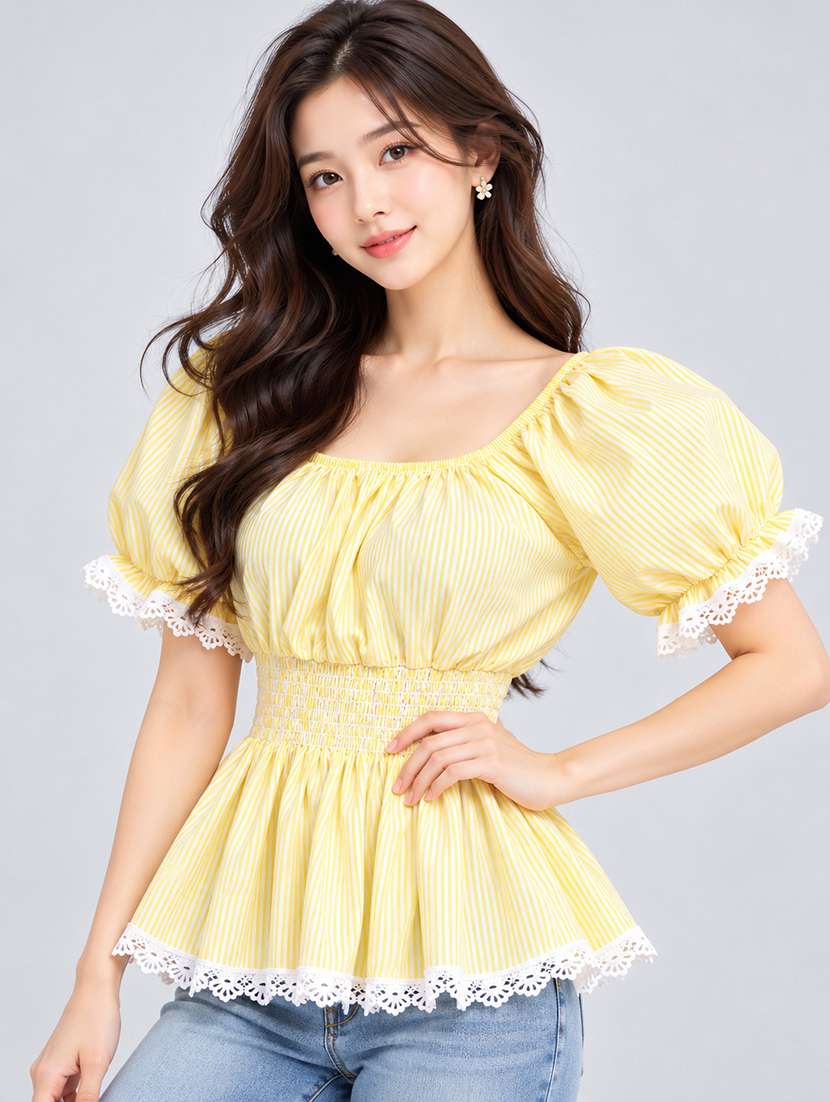 Women Striped Puff Sleeves Peplum Top - 22755713 -  Standard Image - 1
