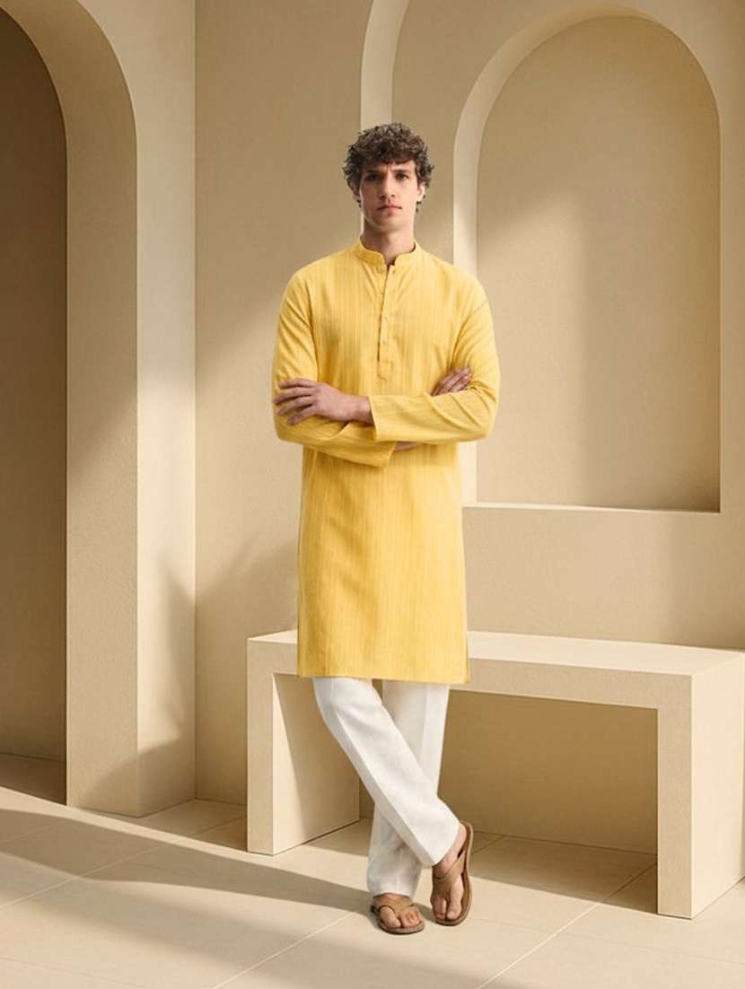 Men Striped Mandarin Neck Kurta With Trousers Set - 22756172 -  Standard Image - 1