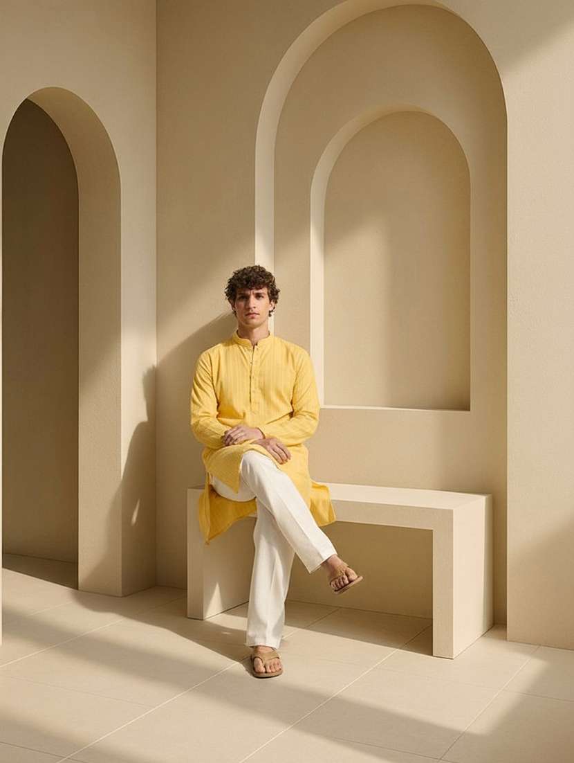 Men Striped Mandarin Neck Kurta With Trousers Set - 22756172 -  Standard Image - 4