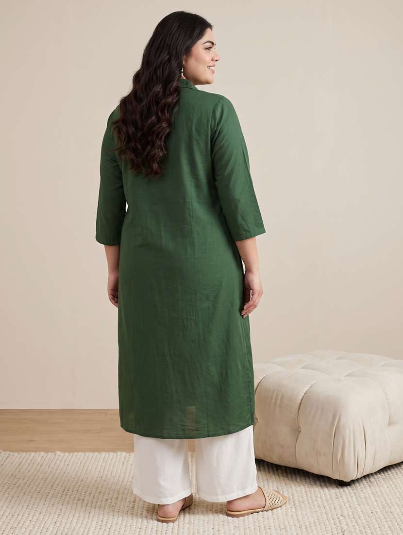 Women Solid With Work Three Quarter Sleeve Straight Kurta - 22757037 -  Standard Image - 4