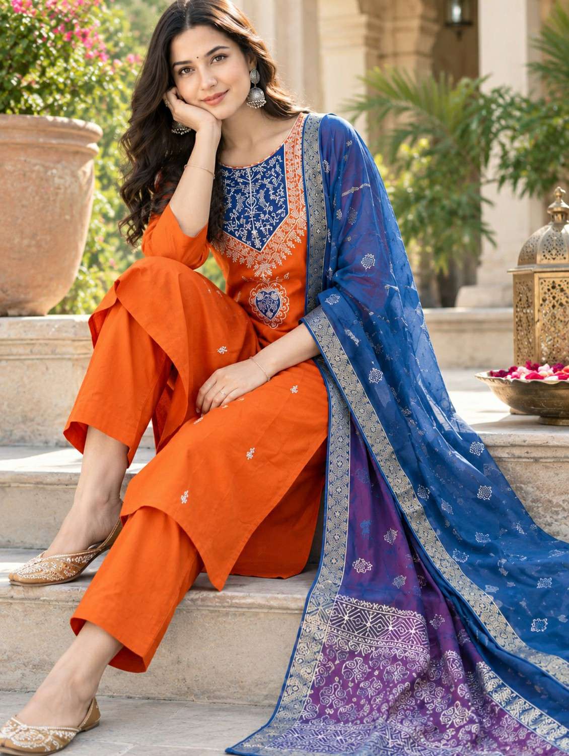 Women Solid With Work Three Quarter Sleeve Kurta Pant With Dupatta Set - 22760970 -  Standard Image - 1