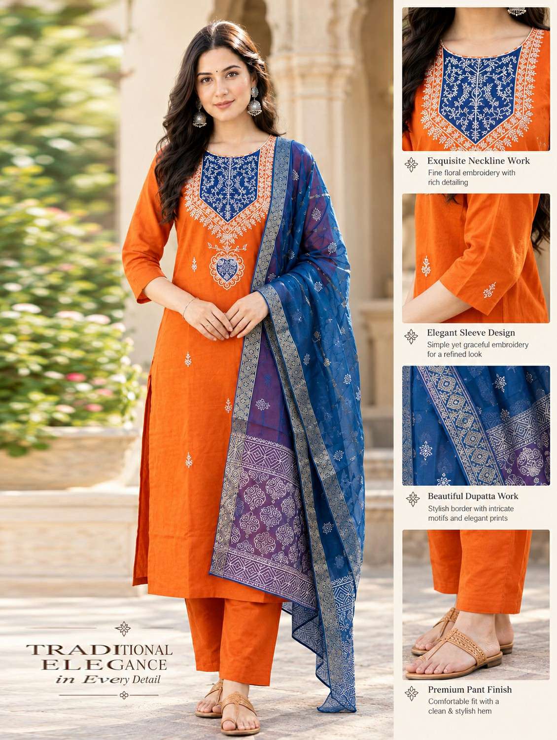 Women Solid With Work Three Quarter Sleeve Kurta Pant With Dupatta Set - 22760970 -  Standard Image - 4
