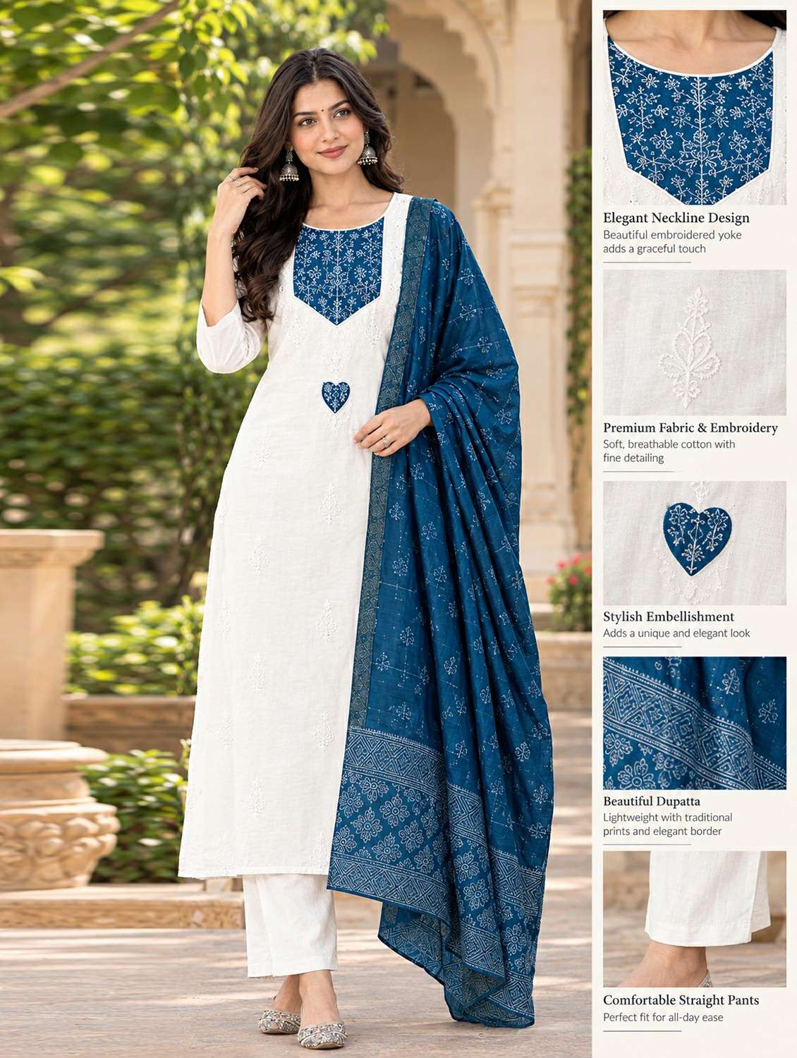 Women Solid With Work Three Quarter Sleeve Kurta Pant With Dupatta Set - 22760971 -  Standard Image - 4
